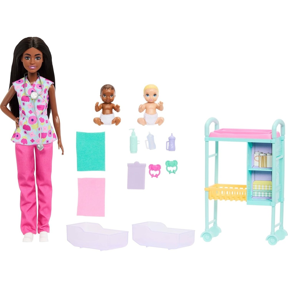 imageBarbie Careers Baby Doctor Playset with Brunette Doll Wearing Scrubs 2 Baby Dolls Examination Table amp AccessoriesMulticolor