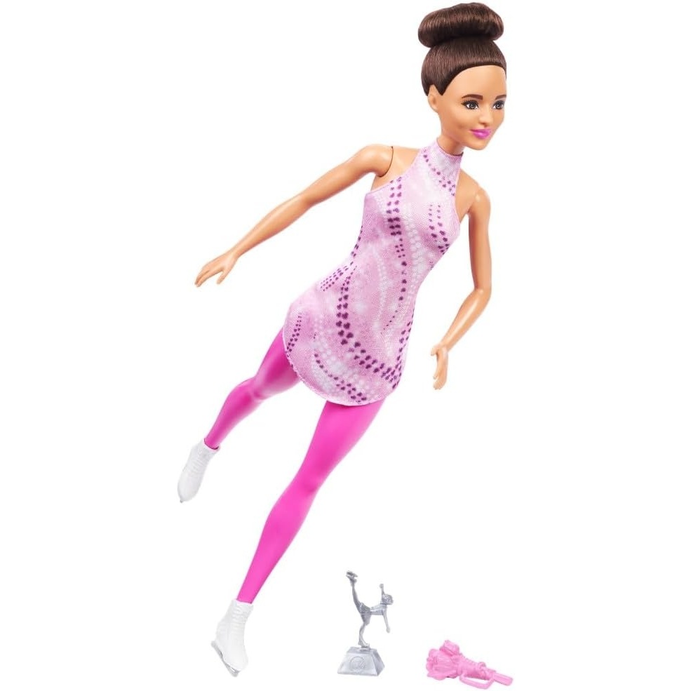 imageBarbie Careers Fashion Doll amp Accessories Brunette Ice Skater in Removable Pink Outfit with Ice Skates amp Trophy