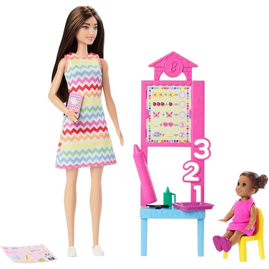 imageBarbie Careers Teacher Playset with Fashion Doll Wearing Removable Dress Toddler Small Doll Classroom Board amp AccessoriesChevron Dress Brunette Student