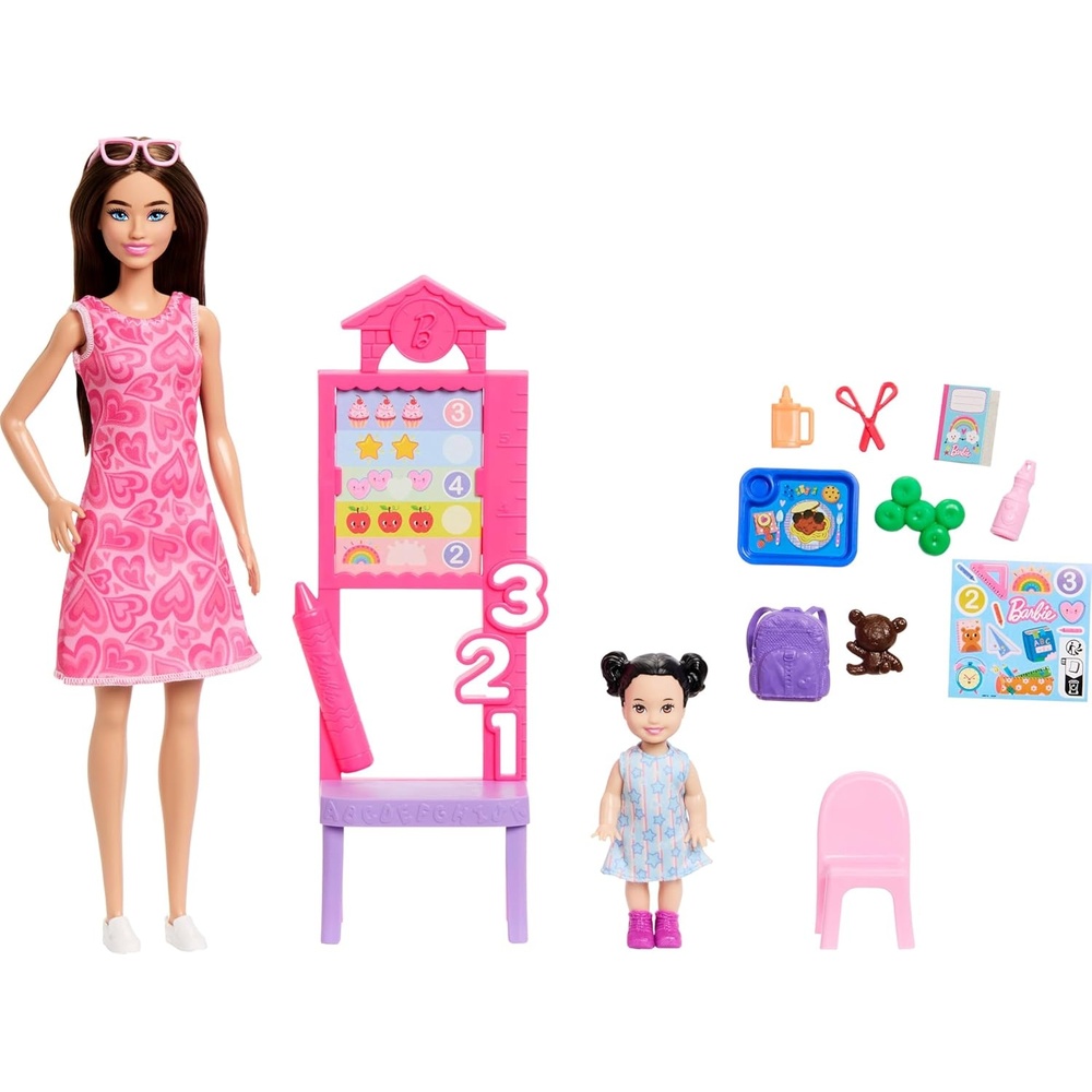 imageBarbie Careers Teacher Playset with Fashion Doll Wearing Removable Dress Toddler Small Doll Classroom Board amp AccessoriesHeart Dress Brunette Student