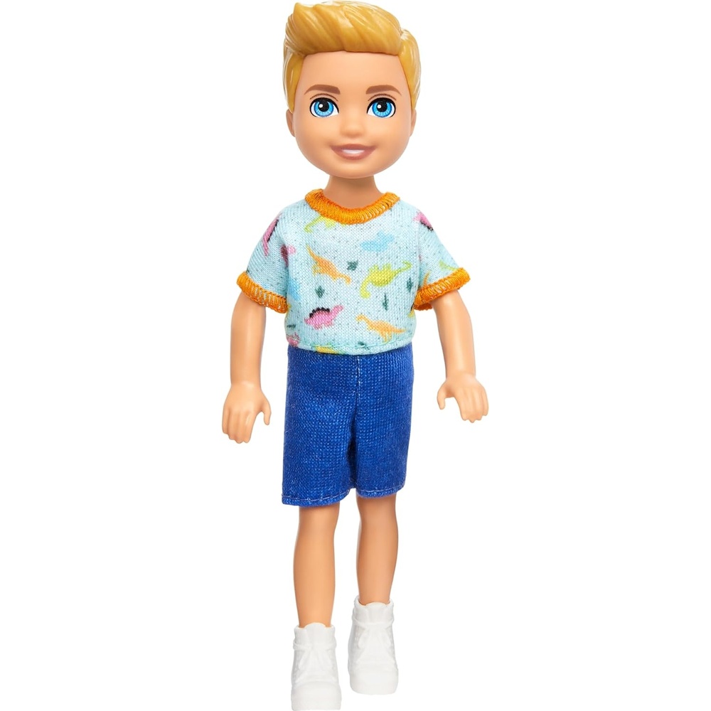imageBarbie Chelsea Doll Small Doll Wearing Removable Checked Dress amp Pink Shoes with Blonde Hair amp Blue EyesBoy Dinosaur Print
