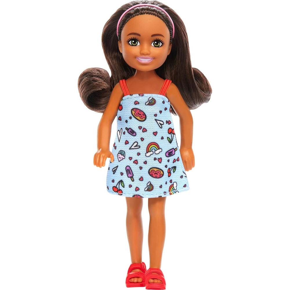 imageBarbie Chelsea Doll Small Doll Wearing Removable Checked Dress amp Pink Shoes with Blonde Hair amp Blue EyesGirl  Blue Dress