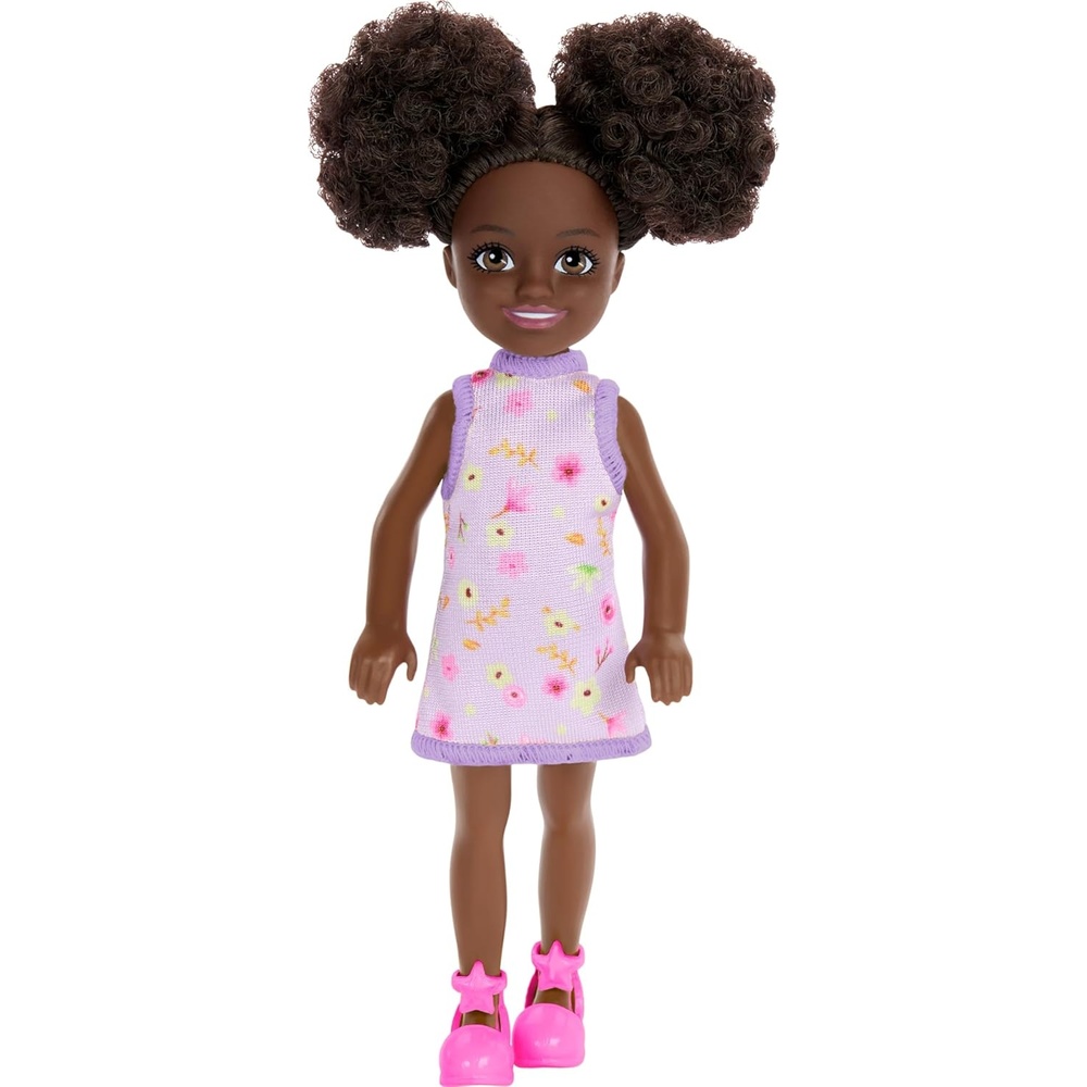 imageBarbie Chelsea Doll Small Doll Wearing Removable Checked Dress amp Pink Shoes with Blonde Hair amp Blue EyesGirl Purple Dress