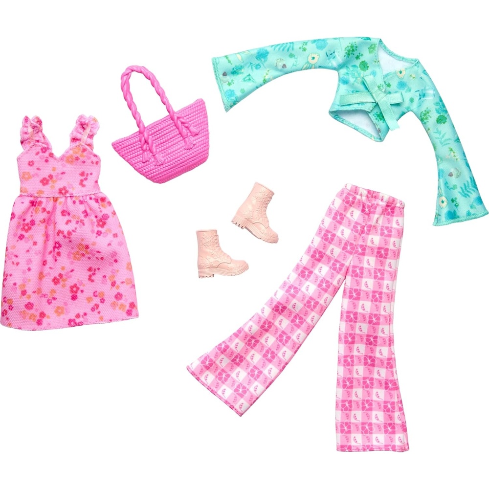 imageBarbie Clothes Doll Fashions and Accessories Set Featuring 2 Complete Cottage Core Outfits Including Floral Dress Gingham Pants and More