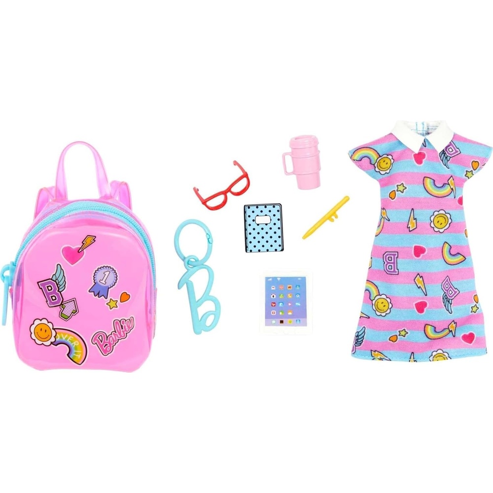 imageBarbie Clothes Set SchoolThemed with Dress 5 Acessories amp Zippered DollSized Backpack with ClipOn Ring