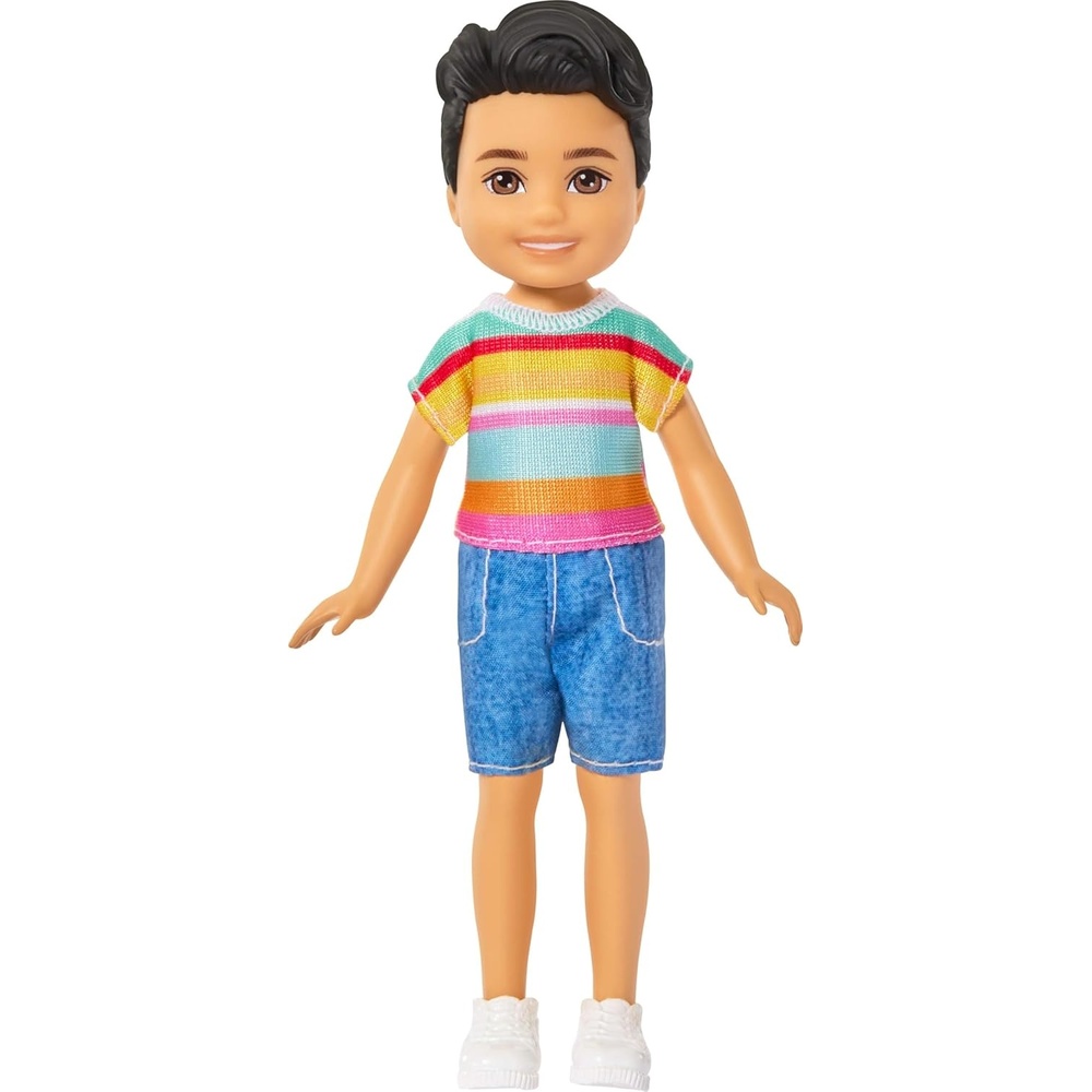 imageBarbie Club Chelsea Koji 6Inch Boy Small Doll with Brunette Hair Wearing Removable Striped Shirt Shorts amp Shoes