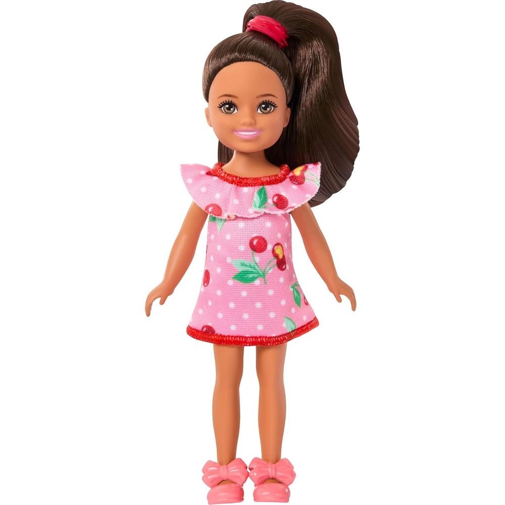 imageBarbie Club Chelsea Small Doll 6Inch Lula with Brunette Hair Wearing Removable CherryPrint Dress amp Sandals