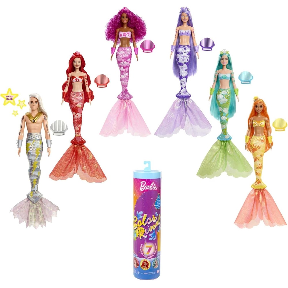 imageBarbie Color Reveal Doll amp Accessories Rainbow Mermaid Series 7 Surprises 1 Mermaid Barbie Doll Styles May Vary