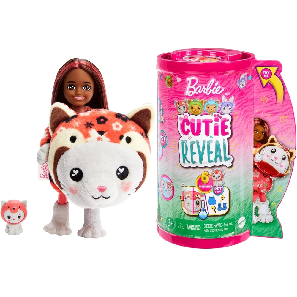 imageBarbie Cutie Reveal Chelsea Doll amp Accessories Animal Plush Costume amp 6 Surprises Including Color Change Kitten as Red PandaKittyRed Panda