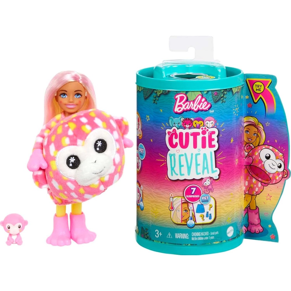 imageBarbie Cutie Reveal Chelsea Small Doll Jungle Series Monkey Plush Costume 7 Surprises Including Mini Pet amp Color ChangeMonkey