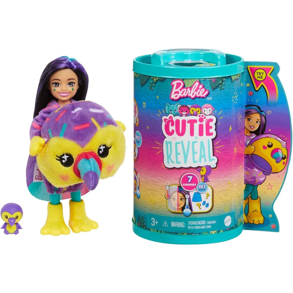 imageBarbie Cutie Reveal Chelsea Small Doll Jungle Series Monkey Plush Costume 7 Surprises Including Mini Pet amp Color ChangeToucan