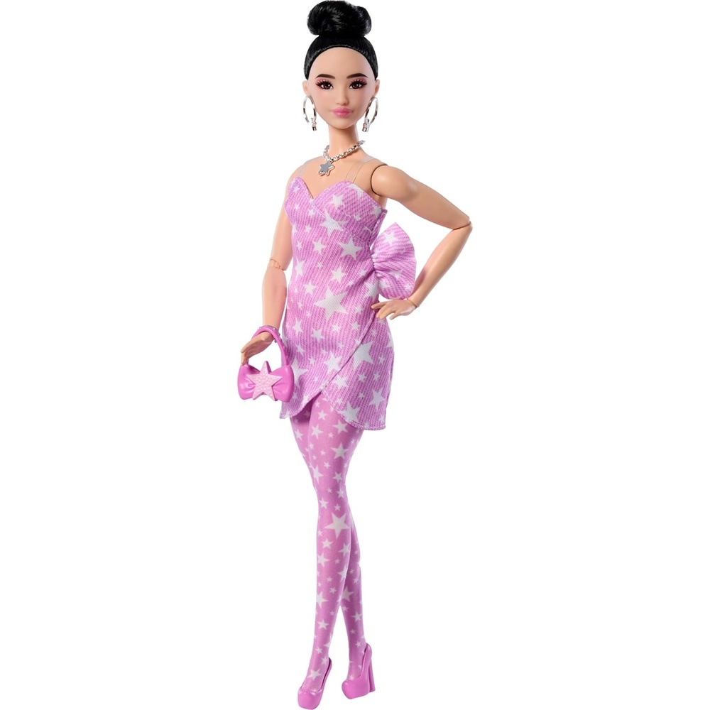 imageBarbie Deluxe Style Doll 11 in Pink Denim StarPrint Dress with Matching Tights Black Hair in High Bun Accessories Like Handbag and Jewelry