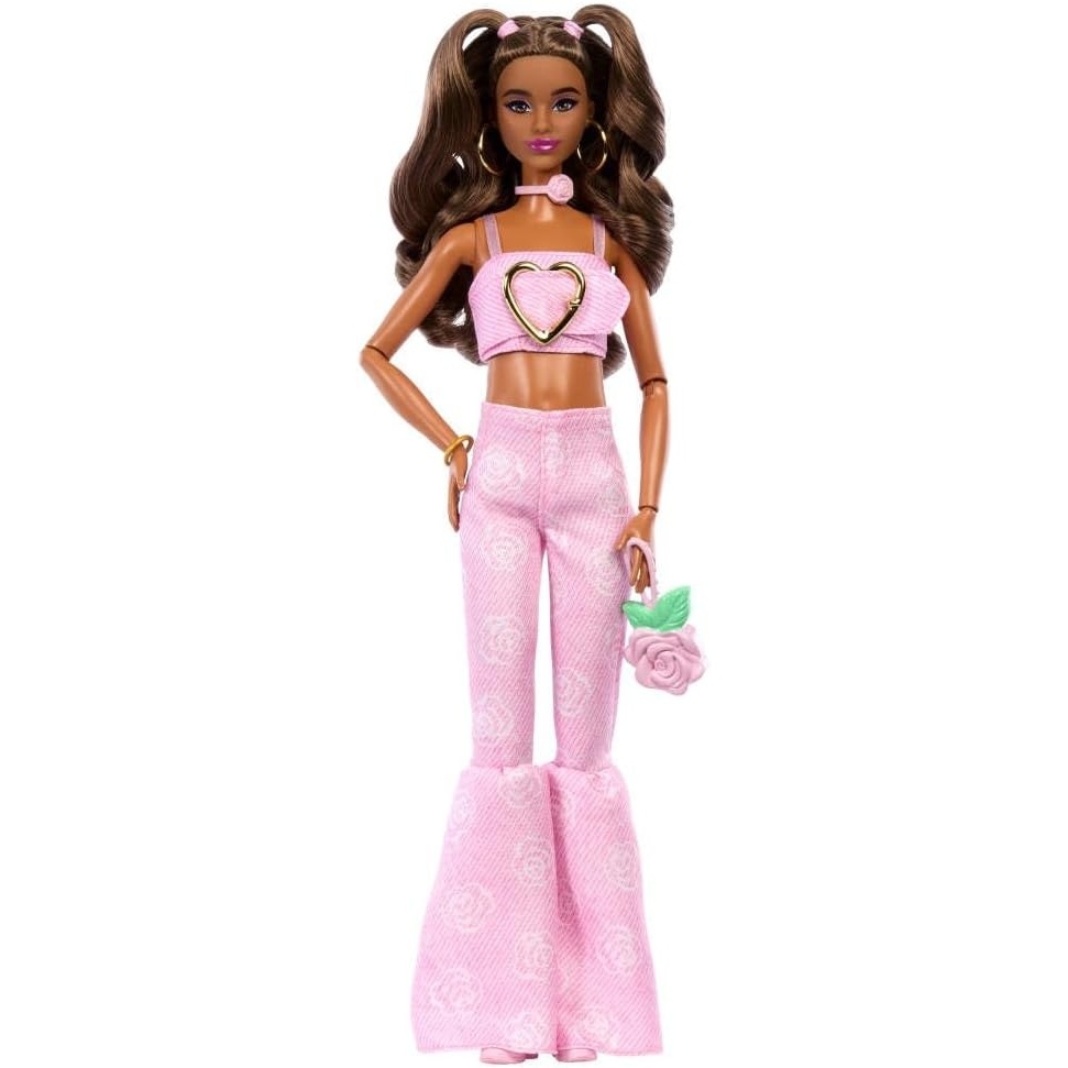 imageBarbie Deluxe Style Doll 12 in Pink Denim Crop Top with Matching Rose Print Flare Jeans Wavy Brown Hair Accessories Like Rose Handbag and Jewelry