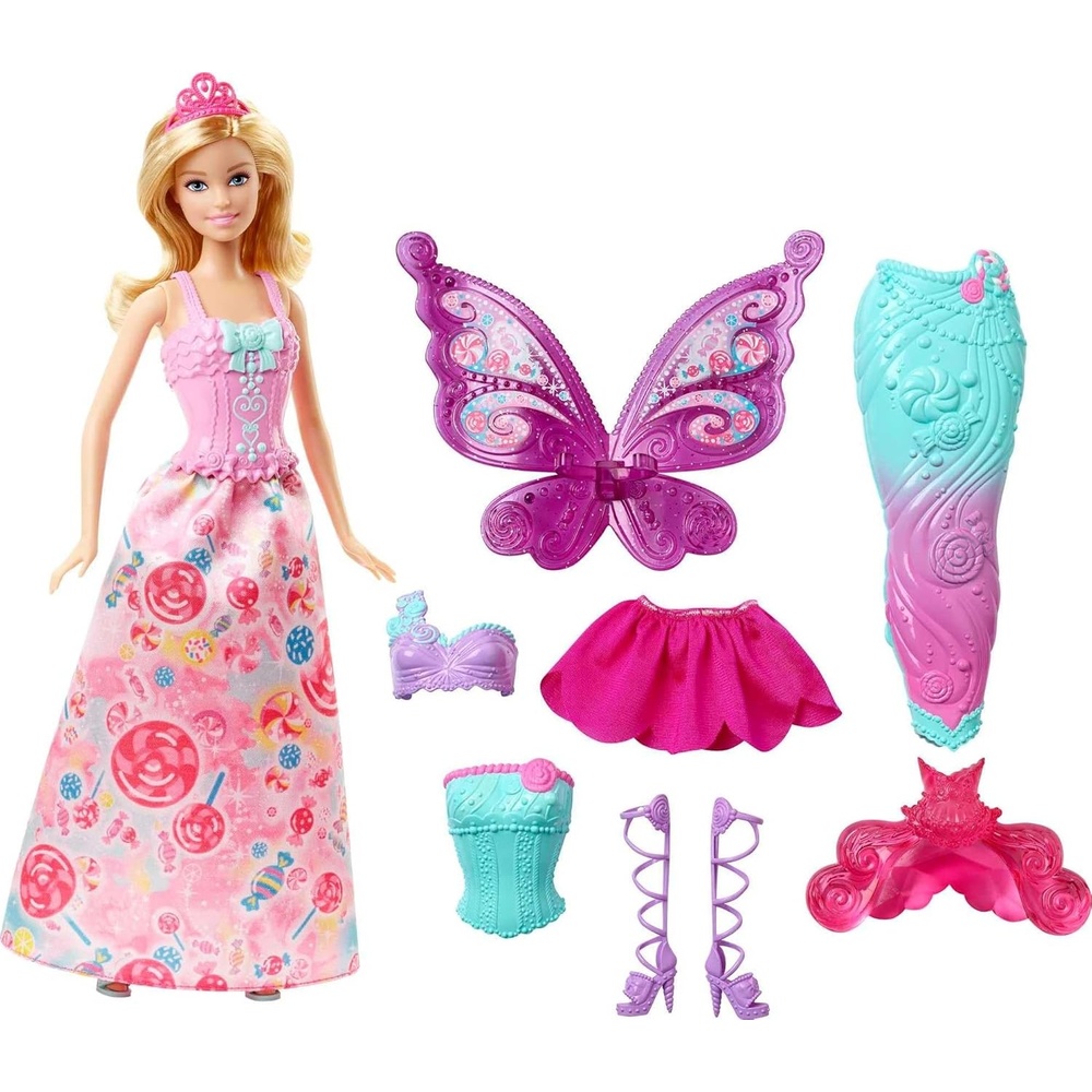 imageBarbie Doll Fantasy DressUp Set with Blonde Fashion Doll CandyInspired Clothes amp Accessories like Fairy Wings amp Mermaid TailBarbie Fantasy