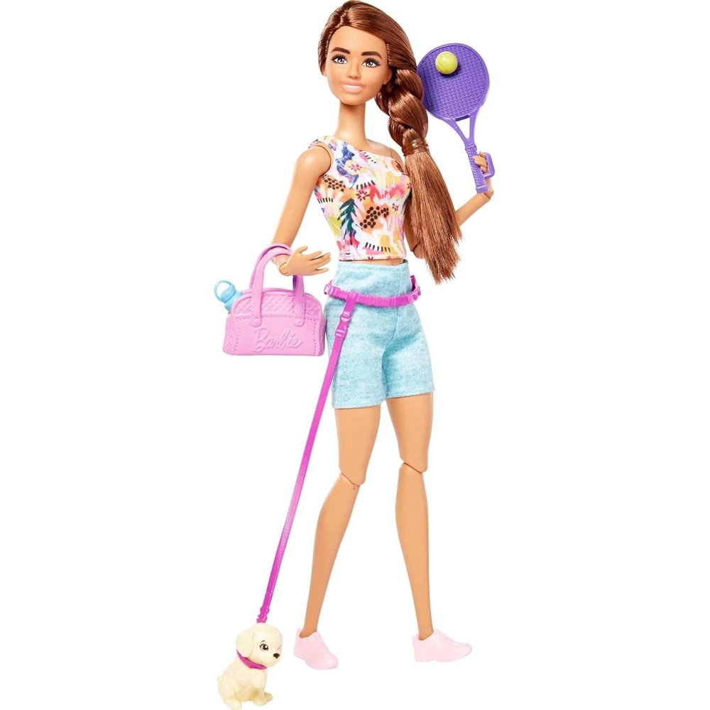 imageBarbie Doll Kids Toys Brunette Doll with Pet Puppy Barbie Sets Workout Theme with Accessories SelfCare Series Roller Skates and TennisBrunette