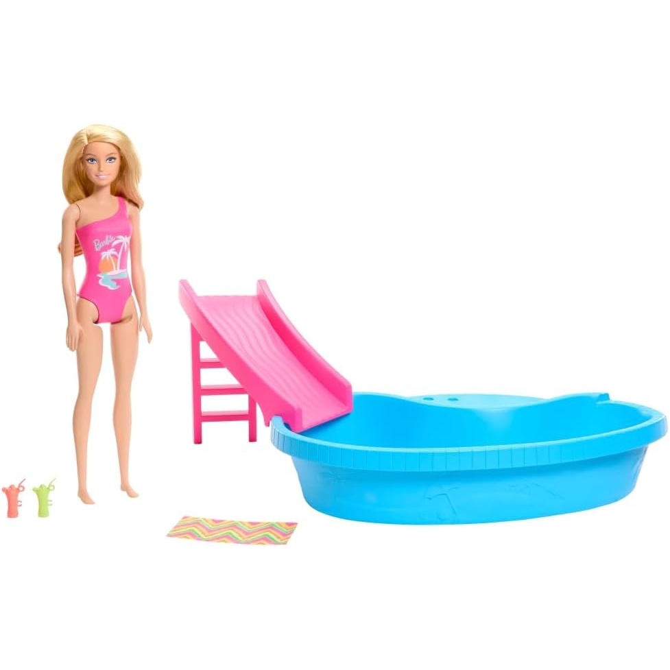 imageBarbie Doll amp Pool Playset Blonde in Tropical Pink OnePiece Swimsuit with Pool Slide Towel amp Drink AccessoriesBlonde in Tropical Pink