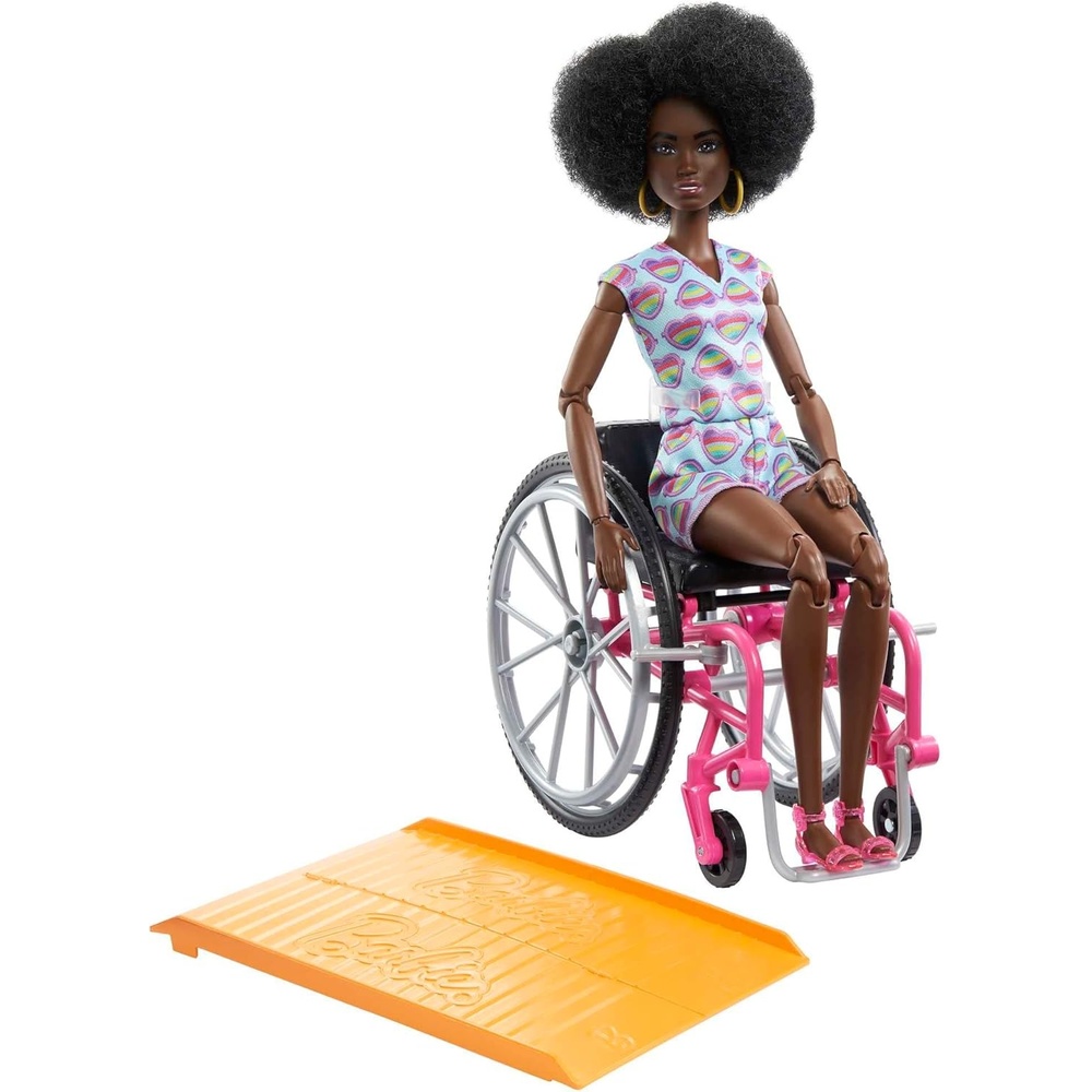 imageBarbie Doll with Wheelchair and Ramp Kids Toys Barbie Fashionistas Curly Black Hair Rainbow Heart Romper Clothes and Accessories