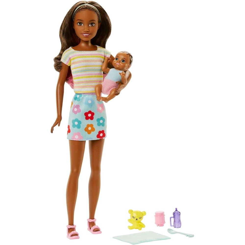 imageBarbie Dolls and Accessories Skipper Doll TwoTone Hair with Baby Figure and 5 Accessories Babysitters Inc Playset Multicolor HJY32Multicolor