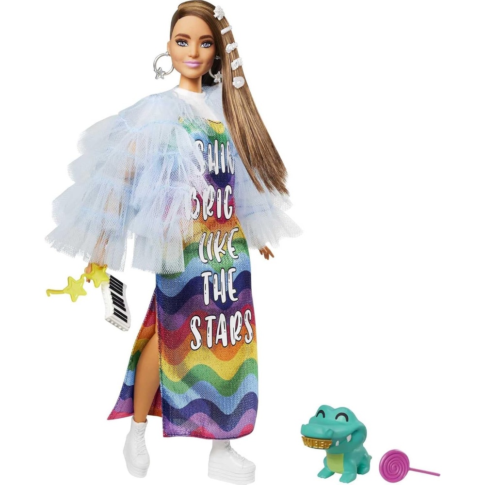 imageBarbie Extra Doll amp Accessories with Long Brunette Hair and Bling Clips in MultiColored Dress with Pet Crocodile