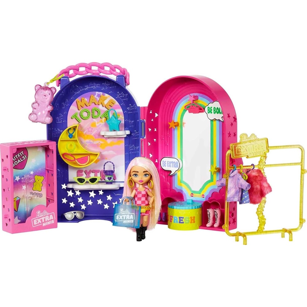 imageBarbie Extra Minis Doll amp Fashion Playset with 15 Pieces Boutique with Small Doll Clothes amp Accessories Including Gummy Bear Keychain