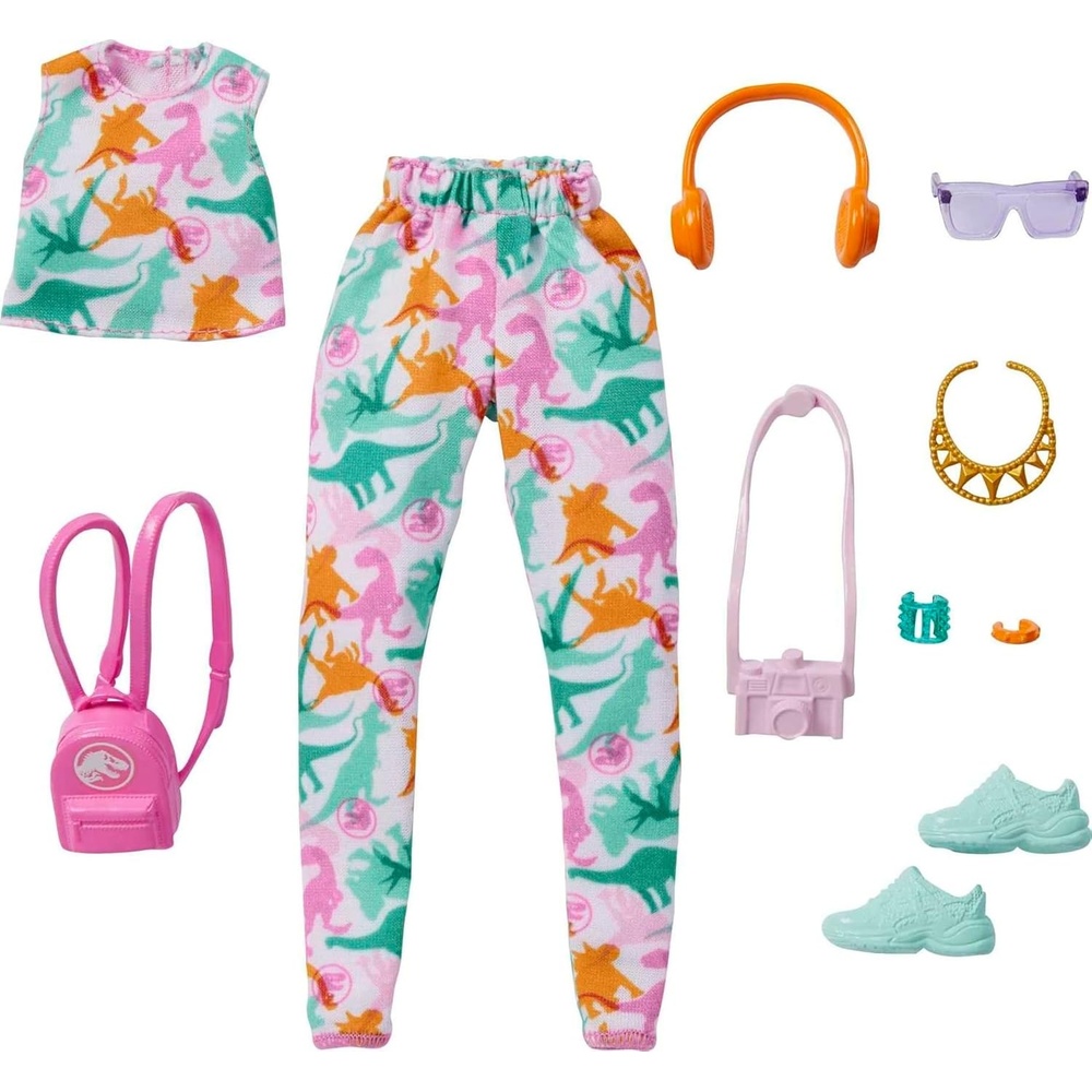imageBarbie Fashion Pack of Doll Clothes Inspired by Jurassic World Collectible Set Includes Crop Top amp Jogger Pants with Dinosaur Print amp 8 Accessories