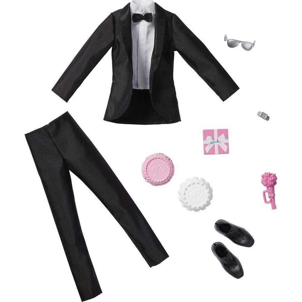 imageBarbie Fashion amp Accessories Pack Bridal Set with Groom Outfit for Ken Doll with Tuxedo Shoes Watch Wedding Cake with Tray amp Bouquet