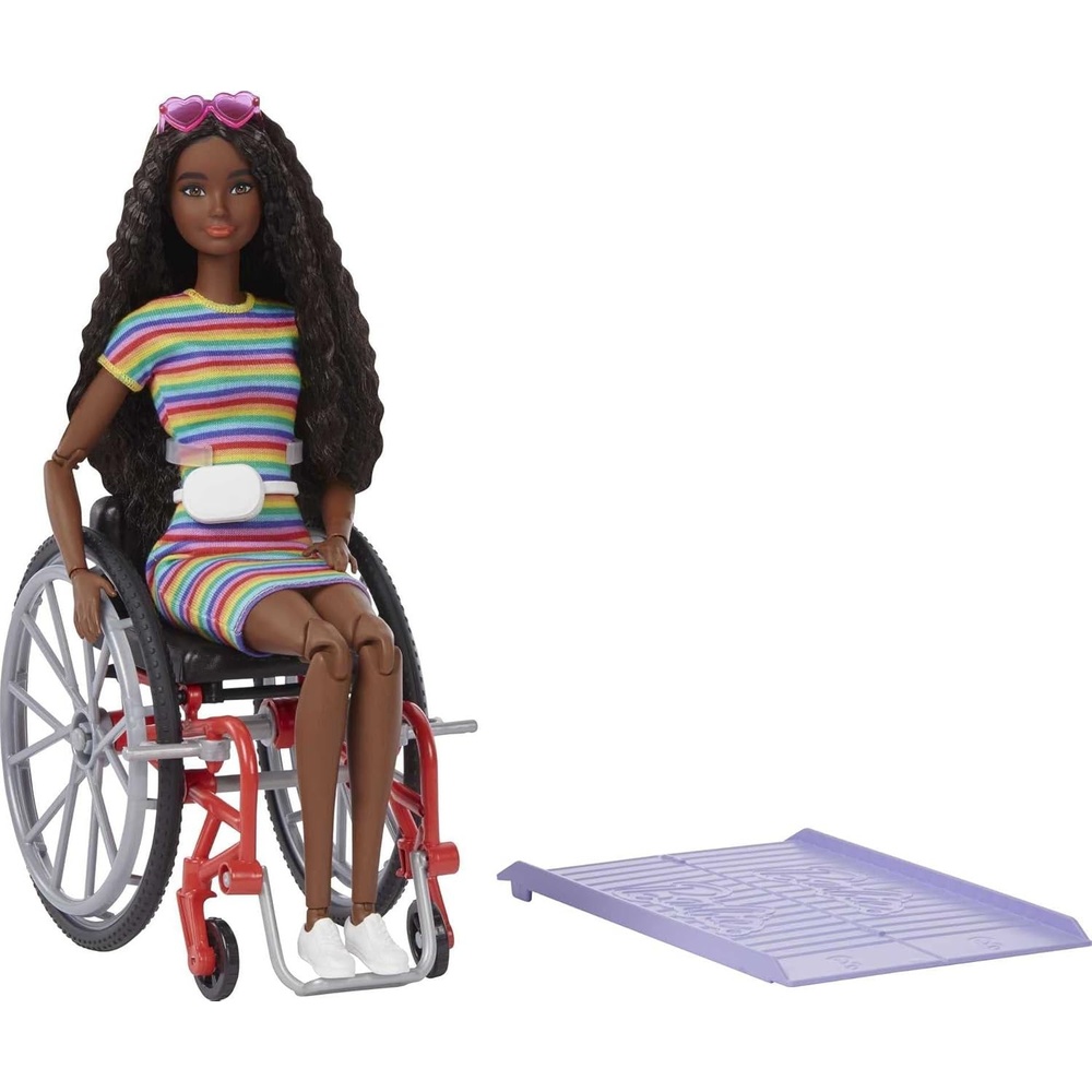 imageBarbie Fashionistas Doll 166 with Wheelchair amp Crimped Brunette Hair Wearing RainbowStriped Dress White Sneakers Sunglasses amp Fanny Pack Toy for Kids 3 to 8 Years Old