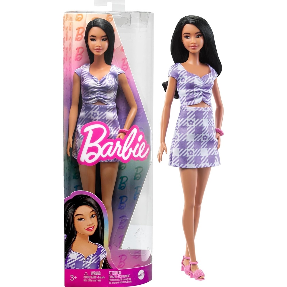 imageBarbie Fashionistas Doll 199 Curvy amp Tall with Wavy Black Hair Gingham CutOut Dress amp Accessories Including Shoes amp ScrunchieStyle BraceletOversized Plaids