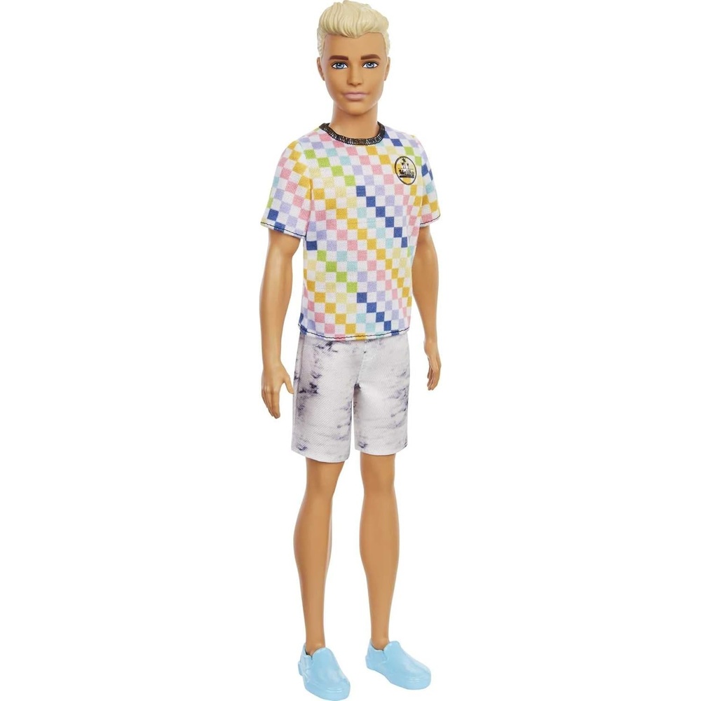 imageBarbie Fashionistas Ken Doll 174 with Sculpted Blonde Hair Wearing SurfInspired Checkered Shirt Denim Shorts amp Deck Shoes