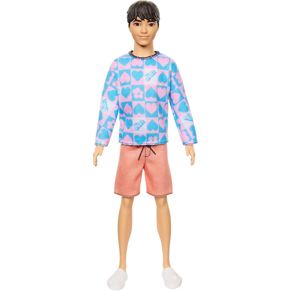 imageBarbie Fashionistas Ken Doll 219 with Slender Body Wearing a Removable LongSleeve Pink amp Blue Patterned Shirt with Shorts
