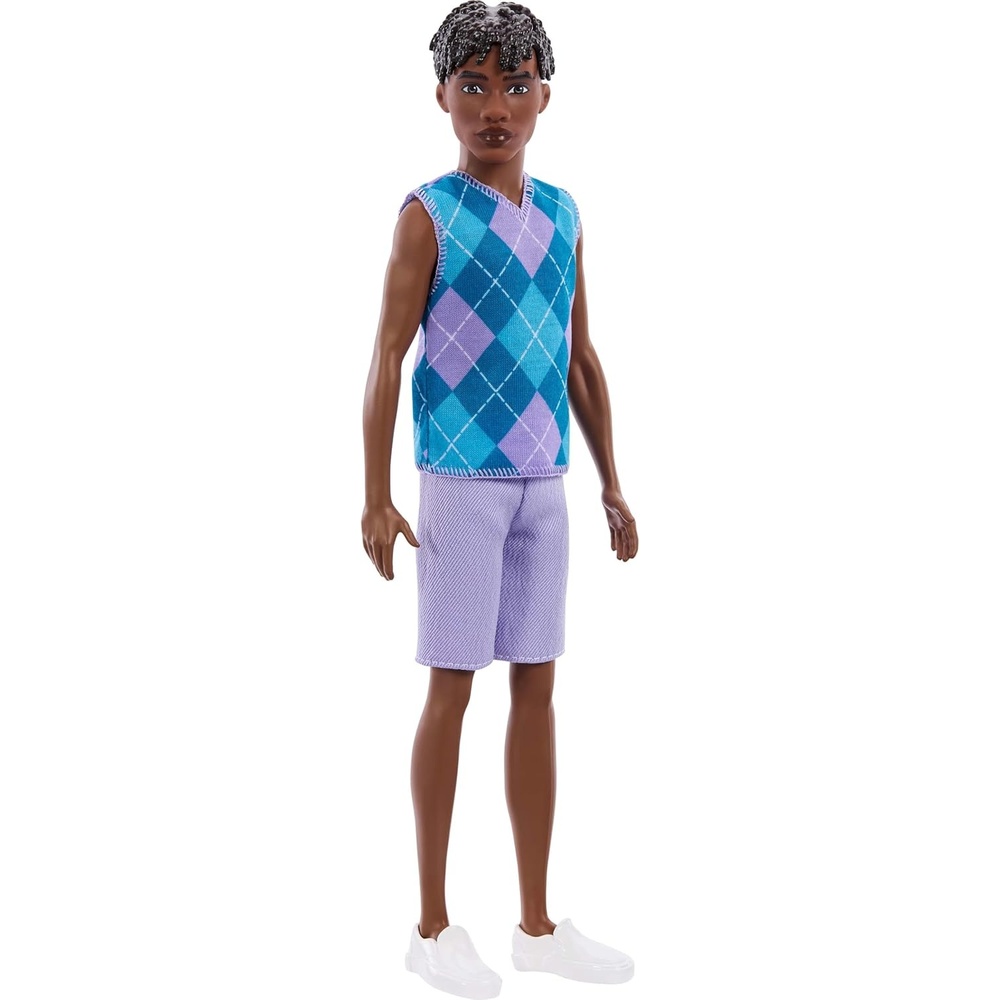 imageBarbie Fashionistas Style Ken Doll 253 with Brown Hair Wearing Lavendar Shorts with Turquoise and Lavender Argyle Shirt White Shoes