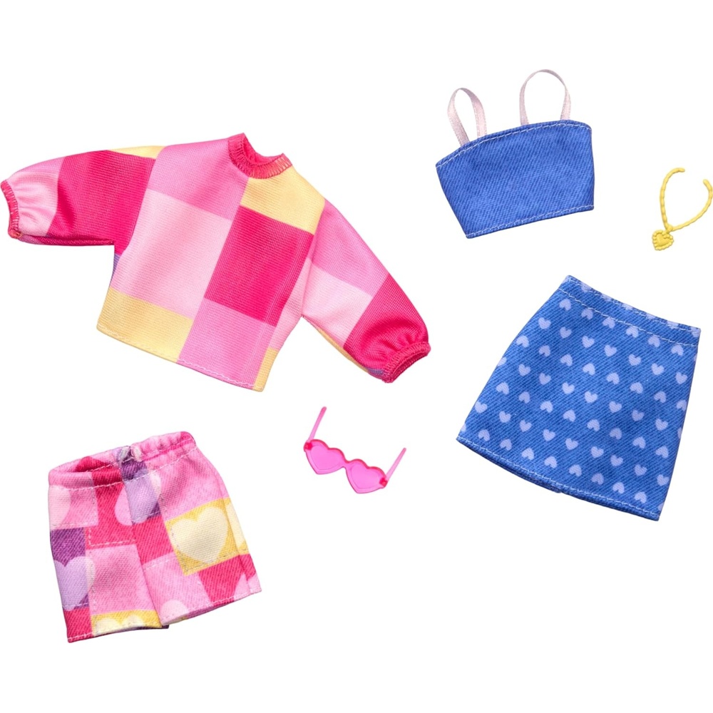 imageBarbie Fashions Clothing Set with 2 Outfits for Fashion Doll Including Pink amp Blue Inspired Skirt Shorts 2 Tops amp 2 Accessories