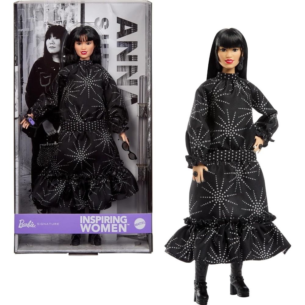 imageBarbie Inspiring Women Anna Sui Doll Collectible in Boho Chic Black Dress Outfit with Boots Sunglasses amp Perfume Accessory