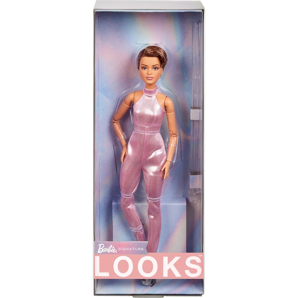 imageBarbie Looks Doll Collectible No 22 with Pixie Cut amp Modern Y2K Fashion Sequined Pink Halter Jumpsuit with Silver Heels