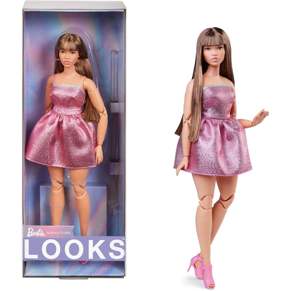 imageBarbie Looks Doll Collectible No 24 with Brown Hair amp Modern Y2K Fashion Shimmery Pink Strapless Dress with PeepToe Heels