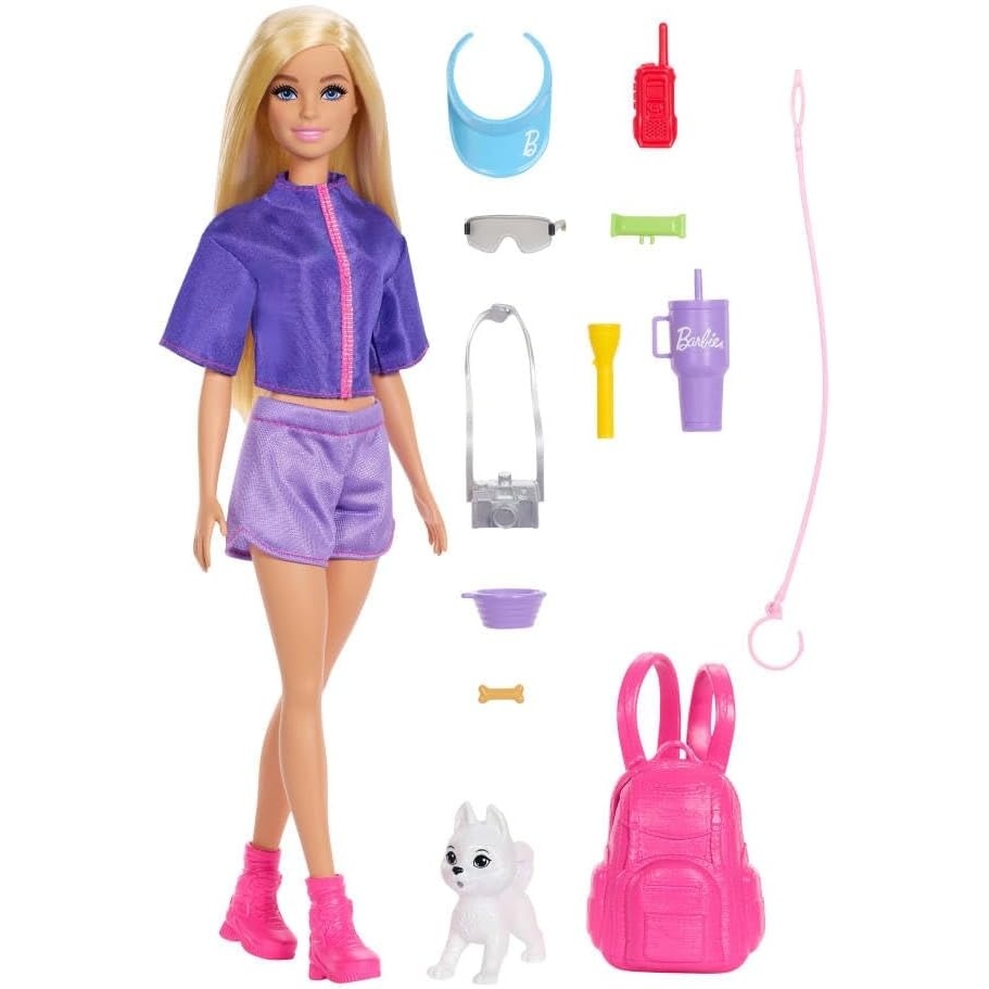 imageBarbie Malibu Outdoor Adventures Fashion Doll Wearing Adventure Outfit with 10 CampingThemed Accessories Including Pet Puppy