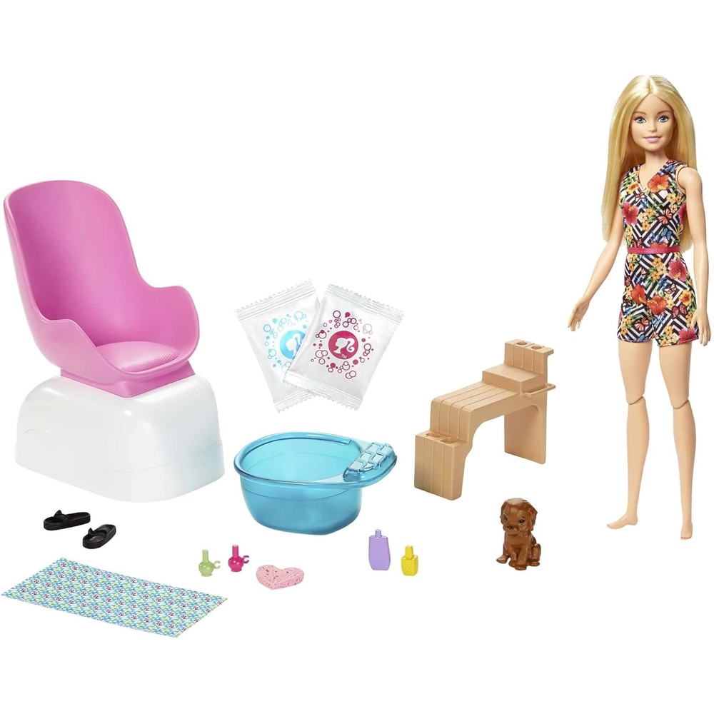 imageBarbie ManiPedi Spa Playset with Blonde Doll Puppy Foot Spa amp Accessories 2 Fizzy Packs Create Foaming Foot Bath ColorChange on Dolls Nails for Repeat Manicures amp Pedicures 37 Years