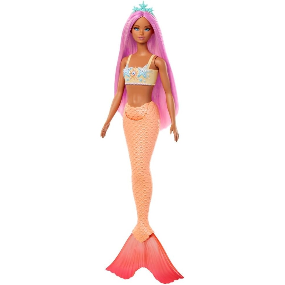 imageBarbie Mermaid Doll with Pink Fantasy Hair amp Headband Accessory Toy with StarfishInspired Bodice amp Soft Orange Tail