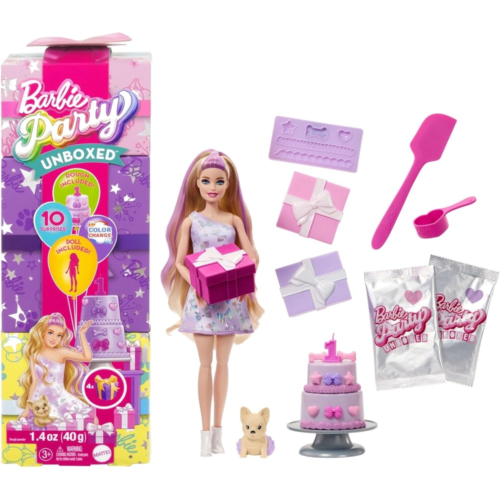 imageBarbie Party Unboxed Doll amp Accessories Pet Birthday Series Birthday Bows Set with 10 Surprises Including Color Change amp CakeDecorating Activity