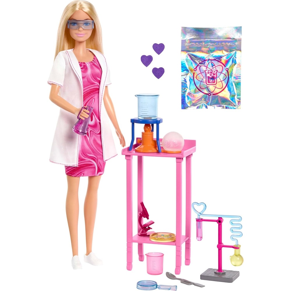 imageBarbie Scientist Doll and Accessories with Blonde Fashion Doll Lab Table Microscope amp ColorChange Beaker amp Petri Dish Accessories