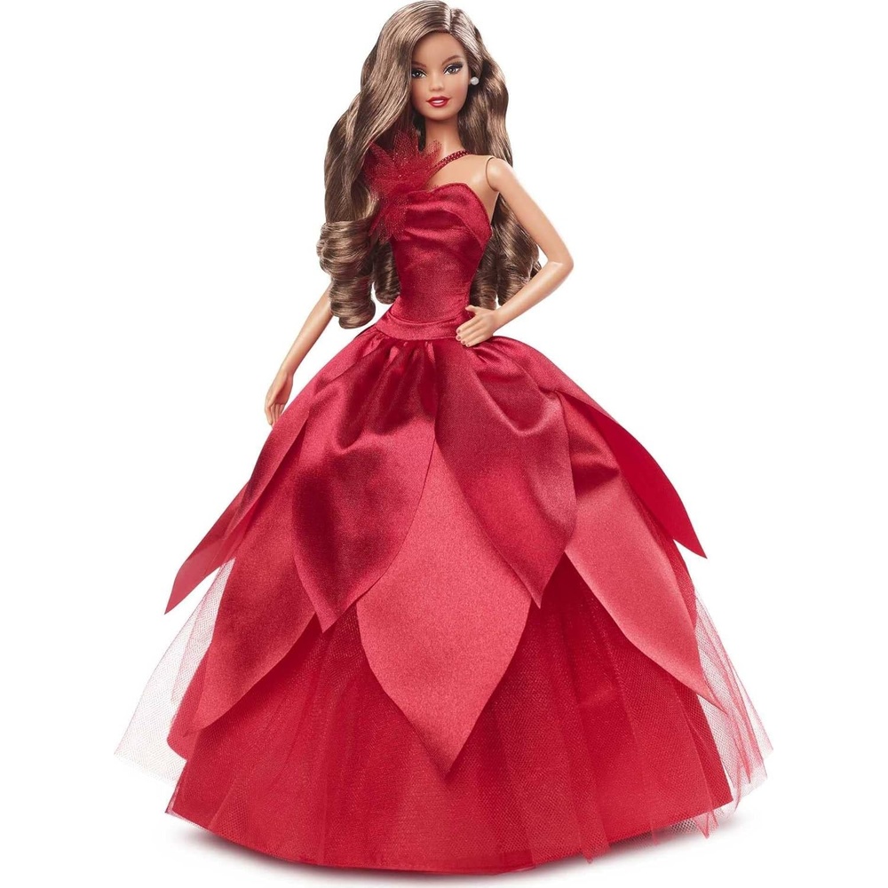 imageBarbie Signature 2022 Holiday Doll LightBrown Wavy Hair Wearing Red PoinsettiaInspired Gown Collectible with Doll Stand amp Certificate of Authenticity