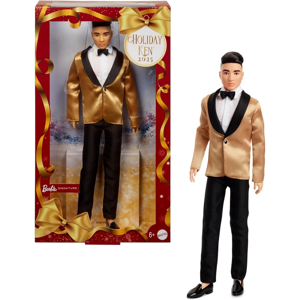 imageBarbie Signature 2025 Holiday Black Hair Ken Collectible Fashion Doll Wearing Full Suit with Golden Jacket in Displayable Packaging amp Doll Stand