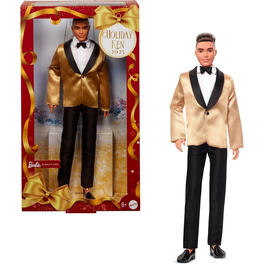 imageBarbie Signature 2025 Holiday Light Brown Hair Ken Collectible Fashion Doll Wearing Full Suit with Golden Jacket in Displayable Packaging amp Doll Stand