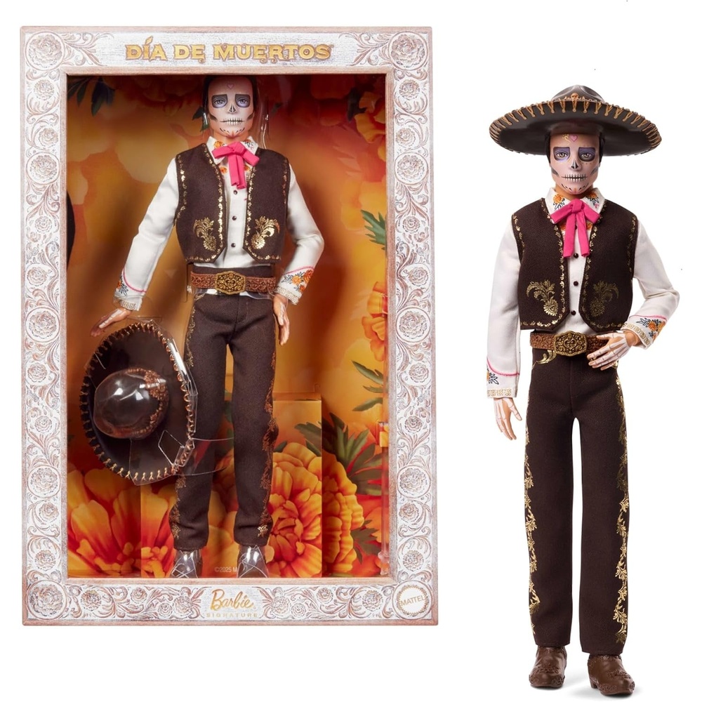 imageBarbie Signature Ken Doll Da De Muertos 2025 Collectible with Cream Shirt Black Vest and Trousers Sombrero and Calavera Face PaintKen