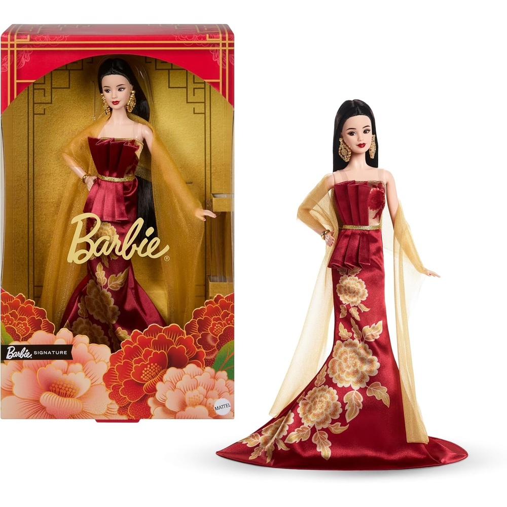 imageBarbie Signature Lunar New Year Fashion Doll Wearing Red Dress with Golden Peony Print Collectible Holiday Toy