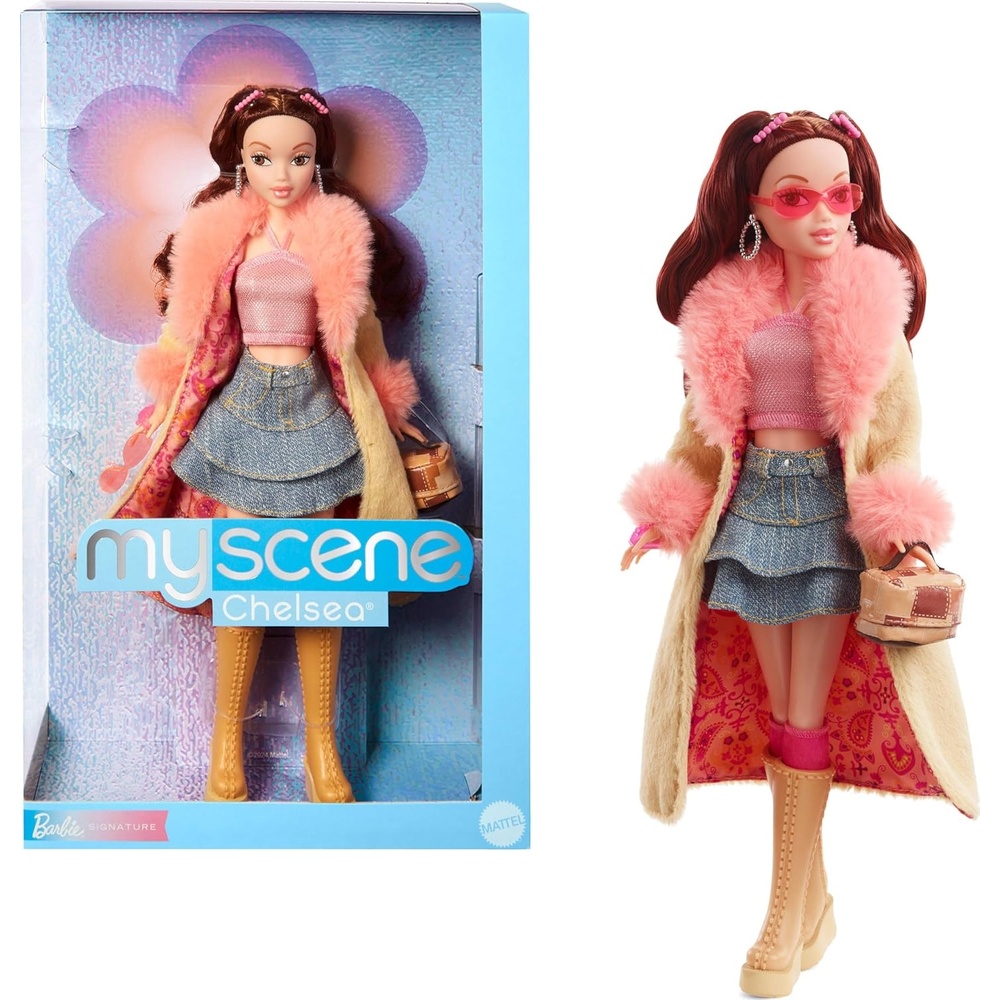 imageBarbie Signature My Scene Doll amp Accessories Chelsea in Y2KInspired Outfit with Butterfly Top Cargo Jeans Denim Bag amp Display Stand