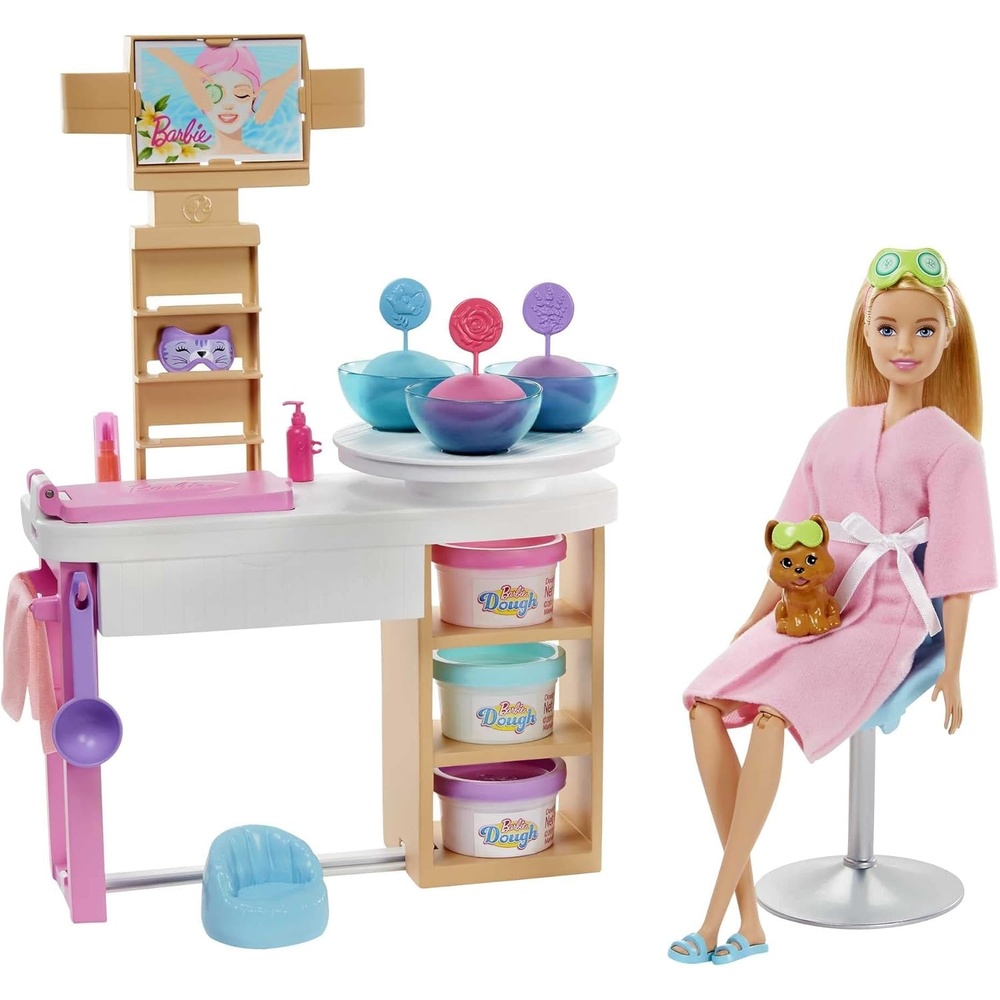 imageBarbie Spa Day Toy Playset with Blonde Doll amp 10 Accessories Including Puppy Spa Station Face Mask Mold amp DoughMulti
