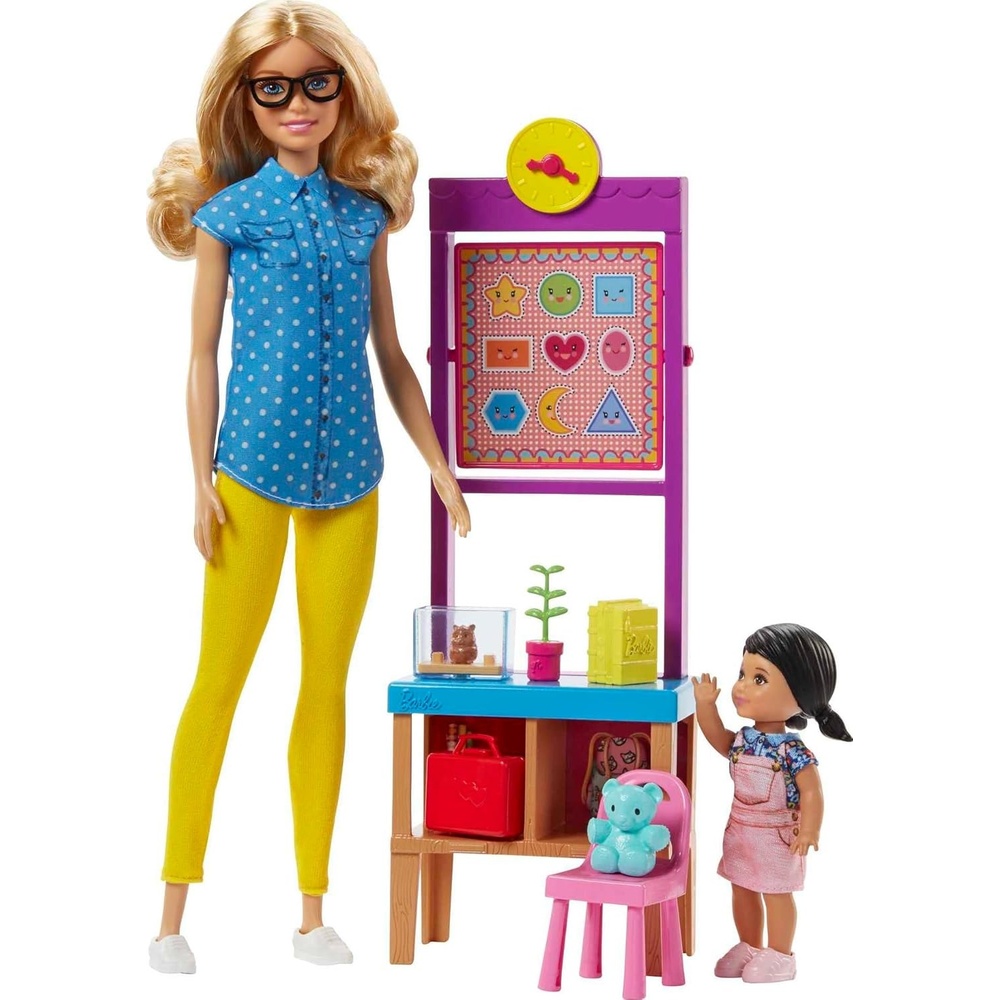 imageBarbie Teacher Dolls amp Playset with Fashion Doll Small Doll Furniture amp Accessories Including Flipping Blackboard