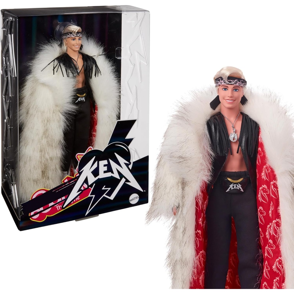 imageBarbie The Movie Collectible Ken Doll Wearing Big Faux Fur Coat and Black Fringe Vest with Bandana