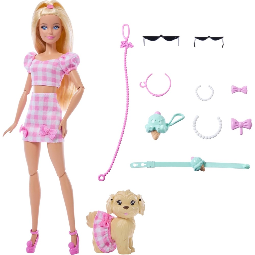 imageBarbie Twinning Looks Doll with Pet Dog in Matching Pink Gingham Clothes and Accessories for Both Like Sunglasses Necklaces and Bows BlondeMulticolor